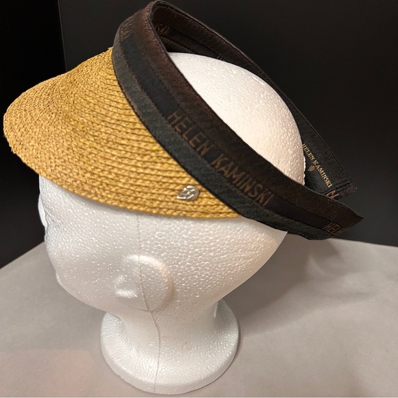 Helen Kaminski Tan Straw Sun Visor Hat Brown Band 9” Bib pickle Ball gardening - Picture 2 of 10